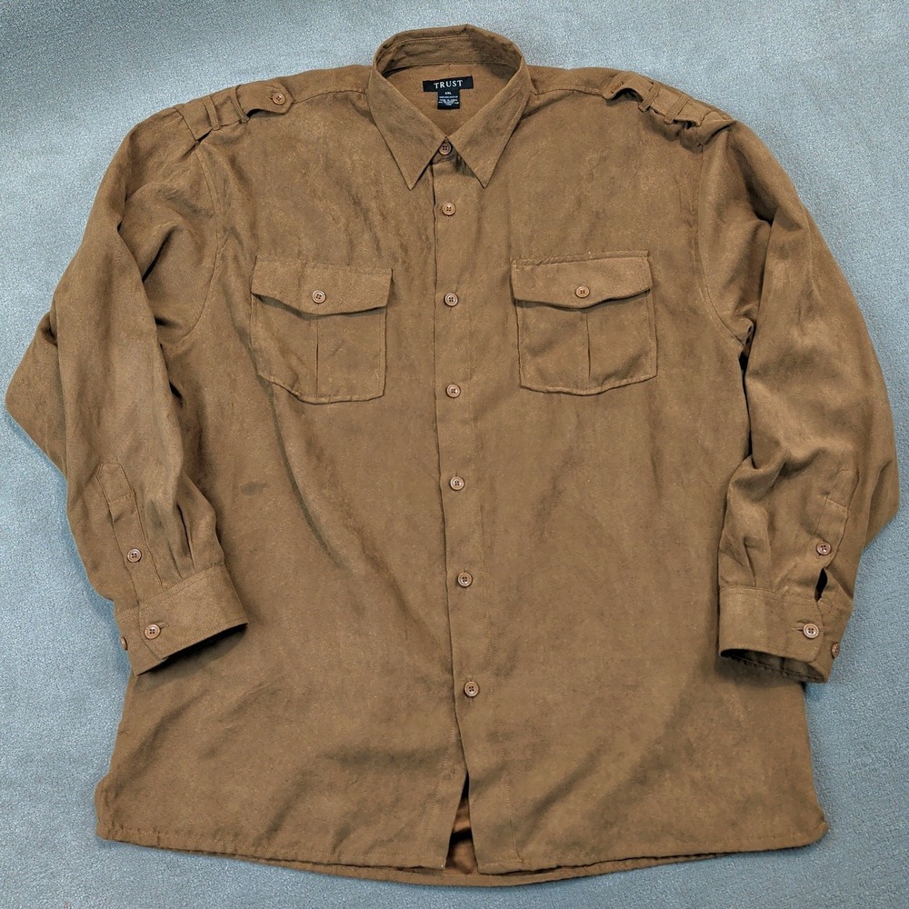 Trust Faux Suede Button Up Shirt Mens XXL Brown Safari Military Epaulets LS